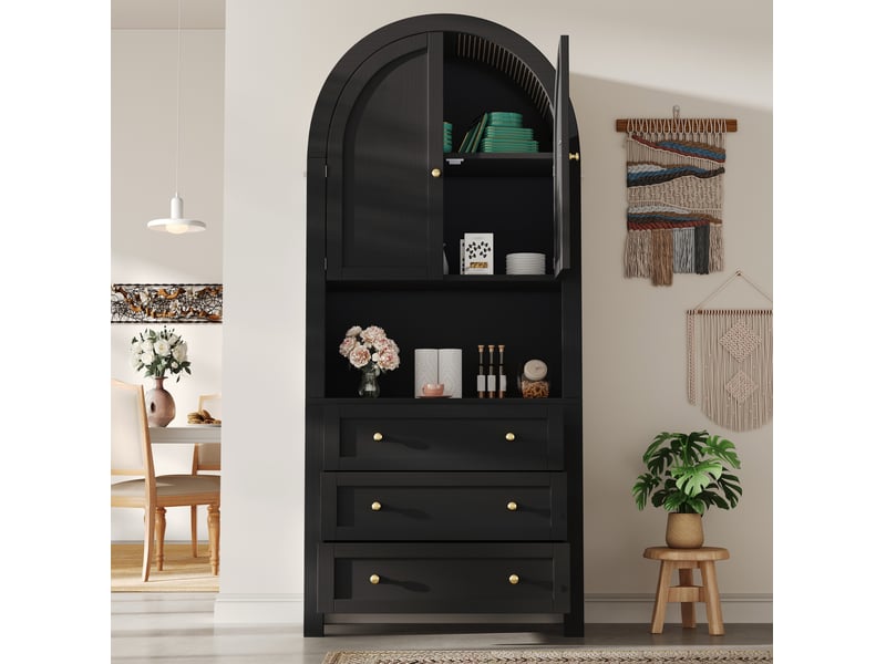  Armoire haute de rangement 70 x 35 x 180 cm, 3 tiroirs, mdf noir et portes arquées  - Conforama D