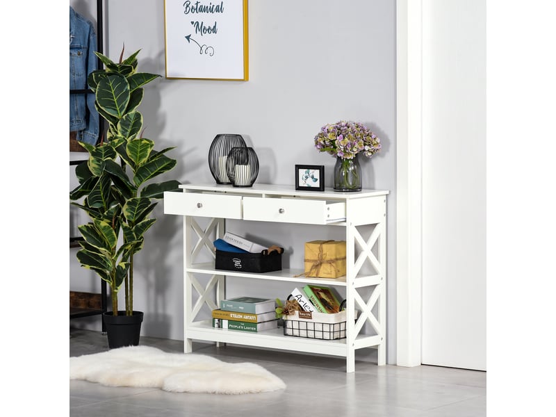 Console à 2 tiroirs et 2 étagères, idéale pour l'entrée ou le salon. En mdf, 100 x 30,5 x 80 cm, blanche.  - Conforama C