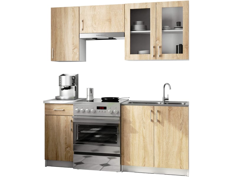 Ensemble de cuisine vitré akord lima 1.8m h720 blanc 180 cm 7 portes 1 tiroir façade chêne sonoma 8 étagères 180x44,5x203 cm LIMA 1.8m - Conforama A