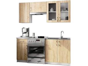 Ensemble de cuisine vitré akord lima 1.8m h720 blanc 180 cm 7 portes 1 tiroir façade chêne sonoma 8 étagères 180x44,5x203 cm