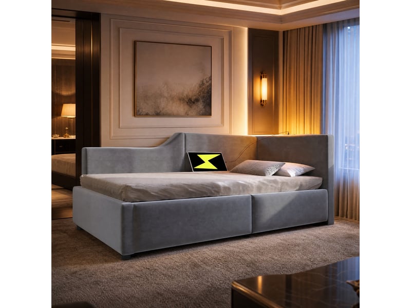  Lit coffre 90x200 cm en velours gris avec lampe de lecture et usb-c  - Conforama C