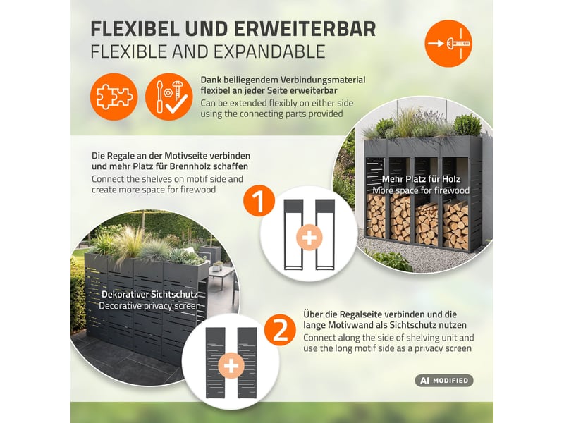  Ml-design range-bûches modulable avec jardinière en acier galvanisé, intérieur et extérieur, résistant aux intempéries, rangement bois de chauffage, motif de treillis, anthracite, 30 x 30 x 111 cm ECD Germany GmbH - Conforama D