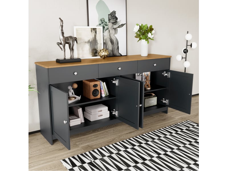 Buffet en bois 160*37*75cm, avec 4 portes et 3 tiroirs - pour salon, salle à manger, couleur de bois foncé et gris noir - Conforama W