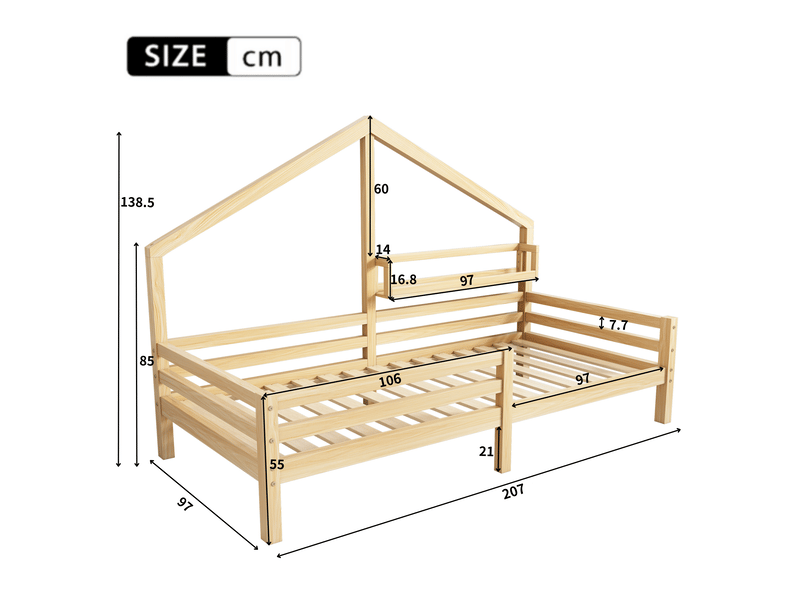 Lit cabane pour enfant avec étagère en forme de cheminée, 90x200 cm, naturel - Conforama C