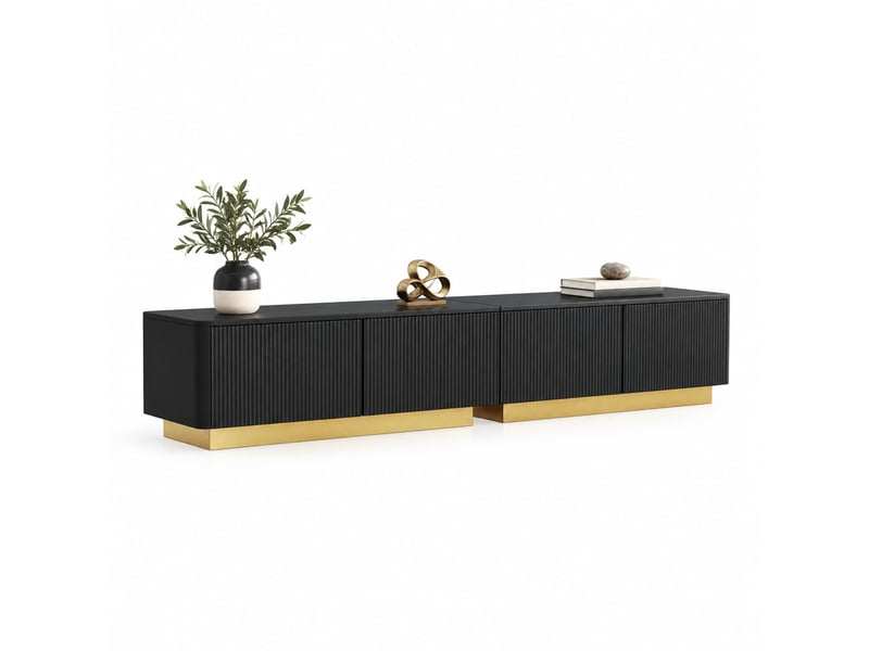  Meuble tv avec rangement fermé, passe-câbles et façade rainurée moderne pour salon, 200×40×35 cm, en mdf, noir  - Conforama A