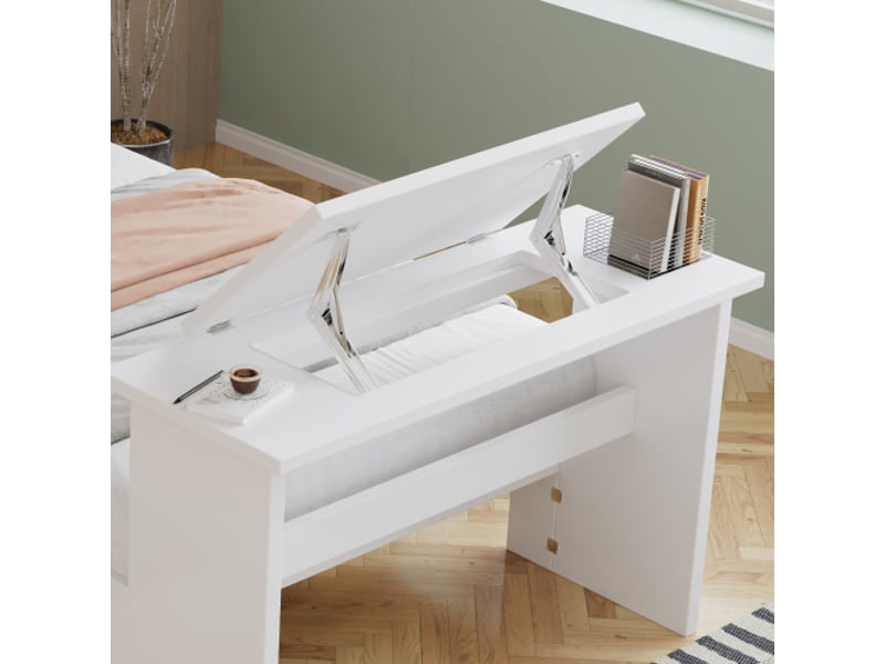  Lit enfant 90x200 cm avec rangements, tête de lit, tiroir coulissant et table pliante – bois blanc  - Conforama E
