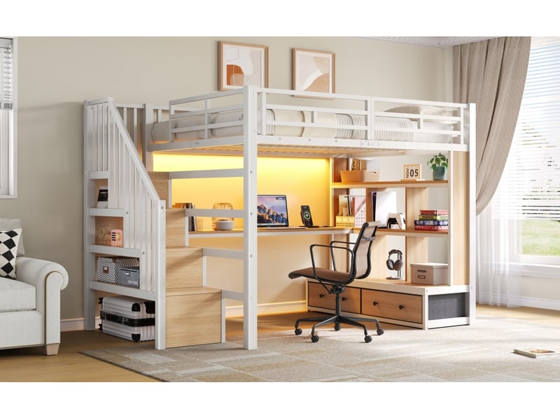  Lit mezzanine 140 × 200 cm, bureau, étagères, 2 tiroirs, escalier à rangements, led, garde-corps, métal et mdf, blanc  - Conforama B