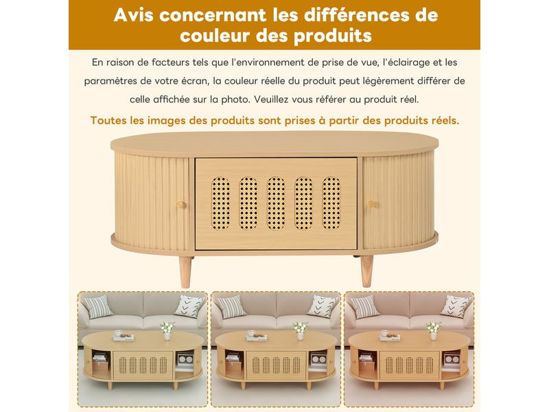  Table basse avec tiroir et portes, 100x50x40 cm, mdf naturel, table de salon couleur bois, design rotin.  - Conforama E