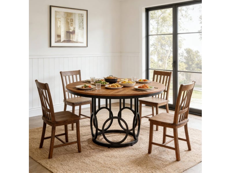  Table de salle à manger pour 4 à 6 personnes avec plateau rond, style industriel, en mdf et métal, noir et brun, 120 × 120 × 75 cm  - Conforama B