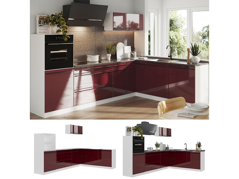  Vicco cuisine en angle, rouge brillantblanc, 287 x cm plan de travail chêne doré  - Conforama D