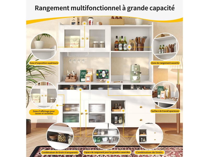  Buffet 150x40x170, moderne minimaliste avec portes vitrées rangement multi-couches accents dorés buffet salle à manger  - Conforama B
