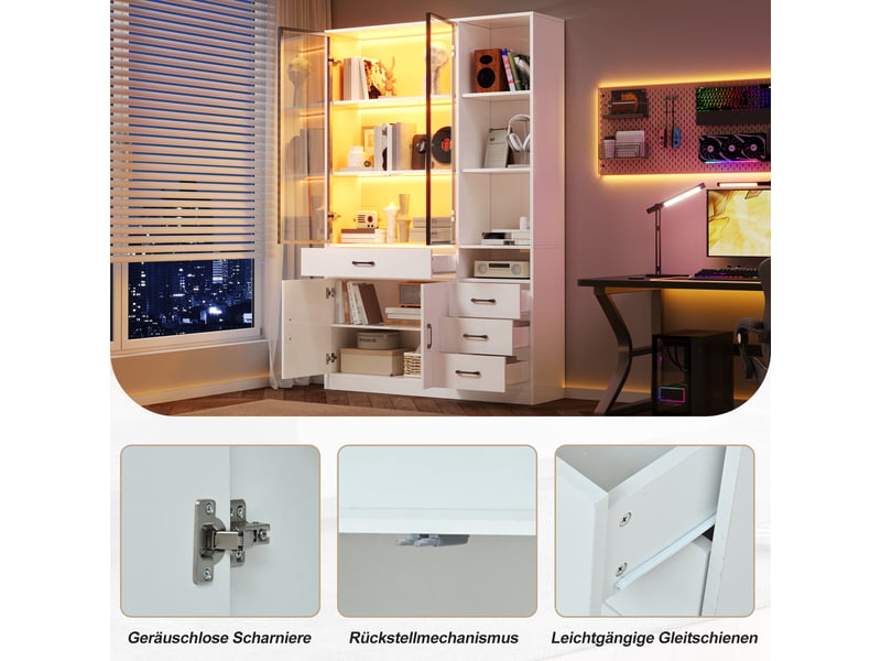  Armoire vitrine 4 portes et 4 tiroirs avec led blanc 120 x 35 x 200 cm N625P454723724725W - Conforama D