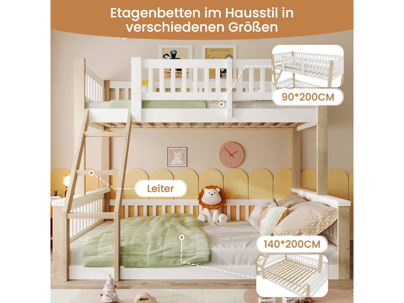  Lit superposé 90x200cm+140x200cm sans matelas, pin, échelle, garde-corps, blanc et naturel  - Conforama D