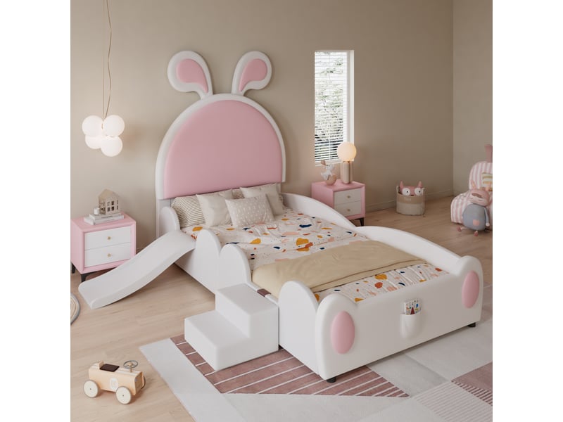  Lit enfant 90x200 cm, escalier, toboggan, sommier,  style cartoon, pu blanc+rose, sans matelas  - Conforama B