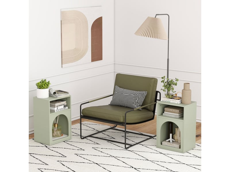  Lot de 2 tables de chevet, table de nuit avec compartiments ouverts, design arqué, 40 x 30 x 60 cm, vert clair  - Conforama R