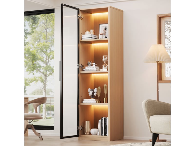 Vitrine bibliothèque 40 × 40 × 165 cm, avec led multicolore, porte en verre trempé, mdf effet chêne, avec étagères réglables, pour salon et bureau CARDUME ESTIVAL - Conforama B