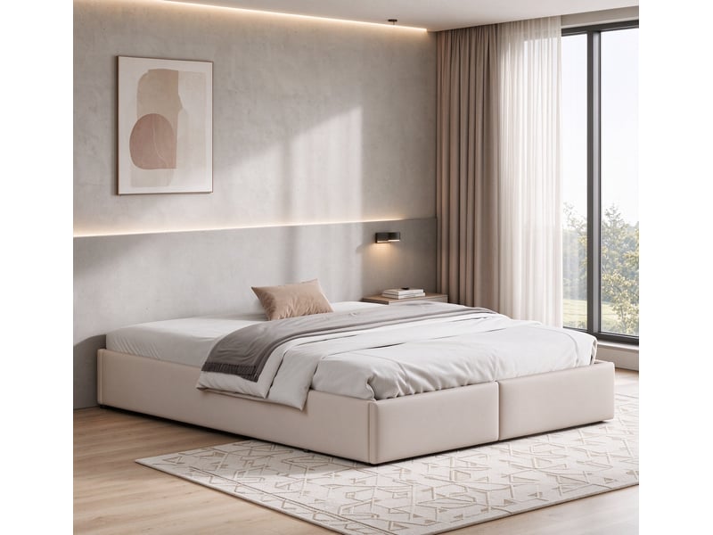 Lit 160 x 200 cm rembourré avec coffre de rangement et 2 tiroirs, lit double hydraulique sans tête de lit, revêtement en lin, beige, sans matelas - Conforama B