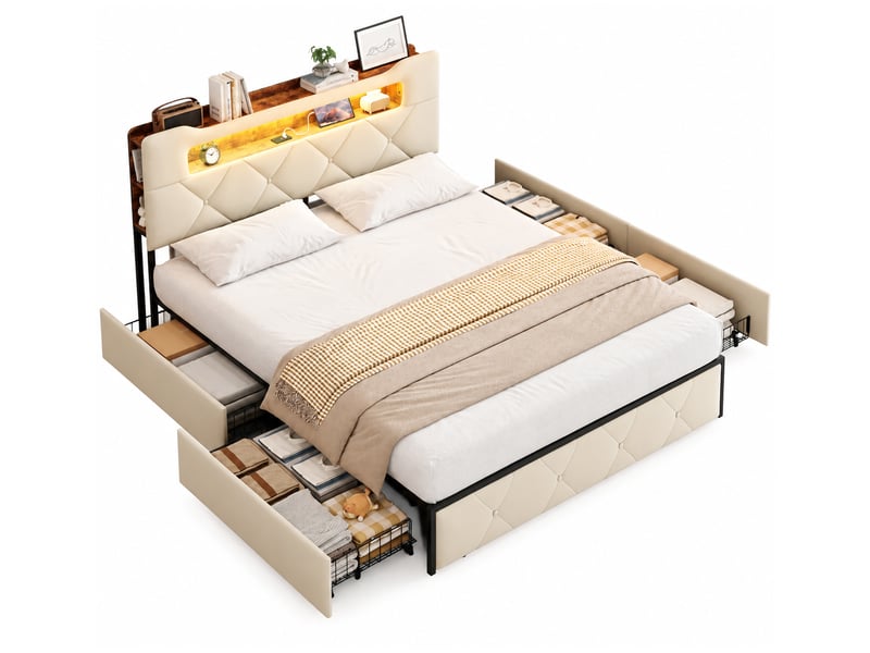  Lit double rembourré 140x190 avec sommier et rangement, lits deux place moderne avec 4 tiroir, éclairage led et port usb, beige velours  - Conforama A