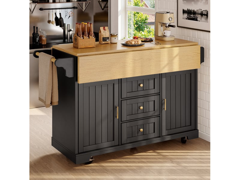  Desserte de cuisine 120x40x95 cm noire en mdf et métal, plateau rabattable et rangement sur roulettes  - Conforama B