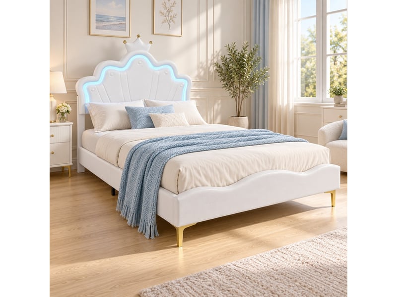  Lit enfant 2 places 140x190 cm, lit double avec tête de lit réglable couronne, led, pu blanc  - Conforama D