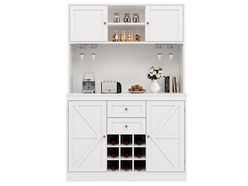 Buffet cuisine 4 portes et 2 tiroirs, 120 x 40 x 188 cm, étagères réglables, range-bouteilles et dispositif anti-basculement, mdf, blanc Morn Vibe - Conforama A