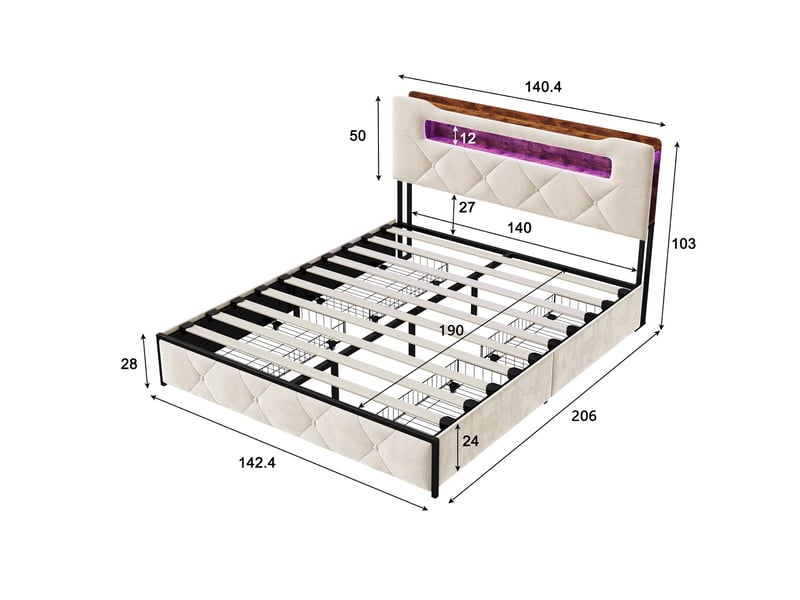  Lit 140x190 avec 4 tiroirs, lit double capitonné avec éclairage led &amp; ports usbtype-c, tête de lit avec rangement,  lit adulte en velours, beige  - Conforama E
