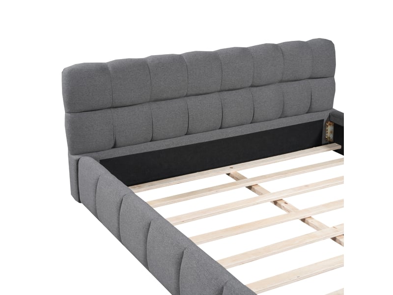 Lit 2 place 140x190 cm avec sommier à lattes et tête de lit à volants, lit enfant moderne, tissu lin gris, sans matelas - Conforama E