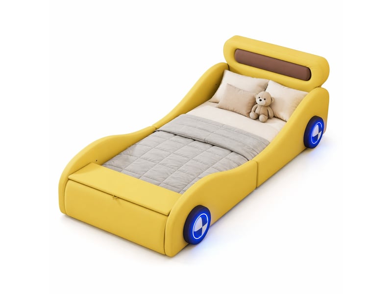  Lit enfant voiture 90x200 cm avec roues lumineuses, rangement, jaune en pu et mdf  - Conforama A