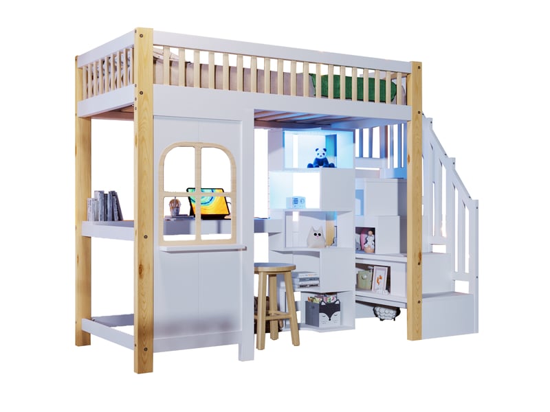  Lit mezzanine enfant 90x200 cm avec bureau, rangements, led, blanc et naturel  - Conforama A
