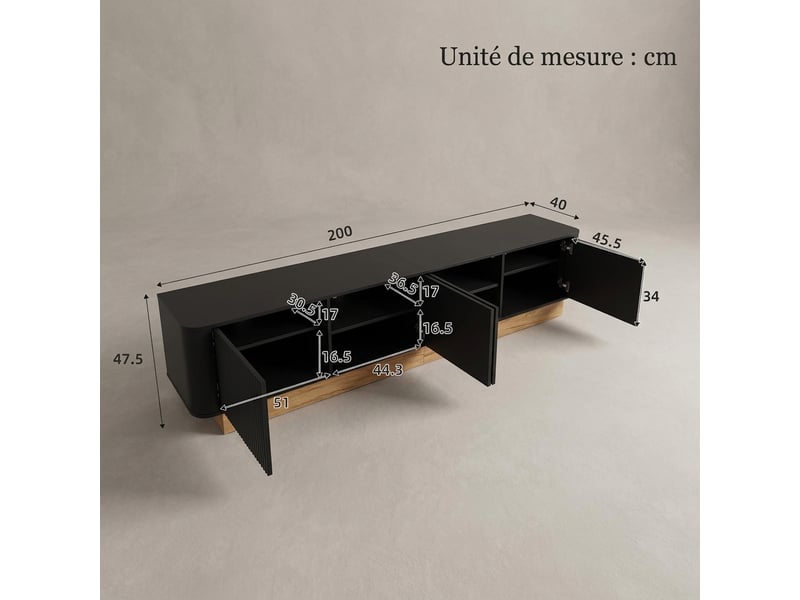  Meuble tv noir 200 cm avec 4 portes nervurées, étagères réglables et coins arrondis  - Conforama C
