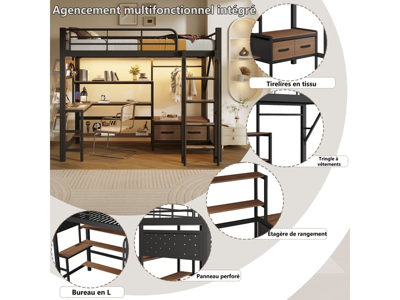  Lit mezzanine, 90 × 200 cm, noir, métal et mdf, bureau intégré, éclairage led, ports usb, rangements intégrés, sans matelas  - Conforama E