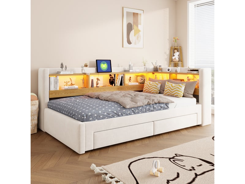 Lit gigogne enfant 90x200 cm avec lit tiroir extensible 180x200 cm, rangement, led et prise, lit banquette multifonction en velours - beige - Conforama D
