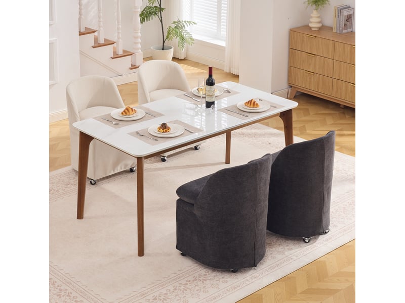  Lot de 2 chaise salle à manger 53x53,5x78,5 cm, roulettes, pivotante 360°, revêtement chenille beige, pour cuisine  - Conforama E