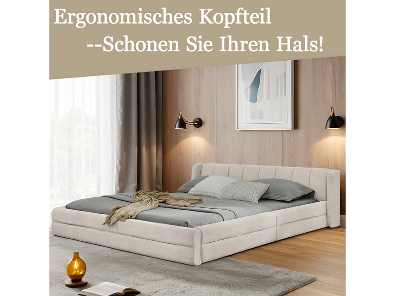  Lit double 160x200 cm en tissu chenille beige, tête de lit confortable et structure métal-bois, sans matelas  - Conforama D