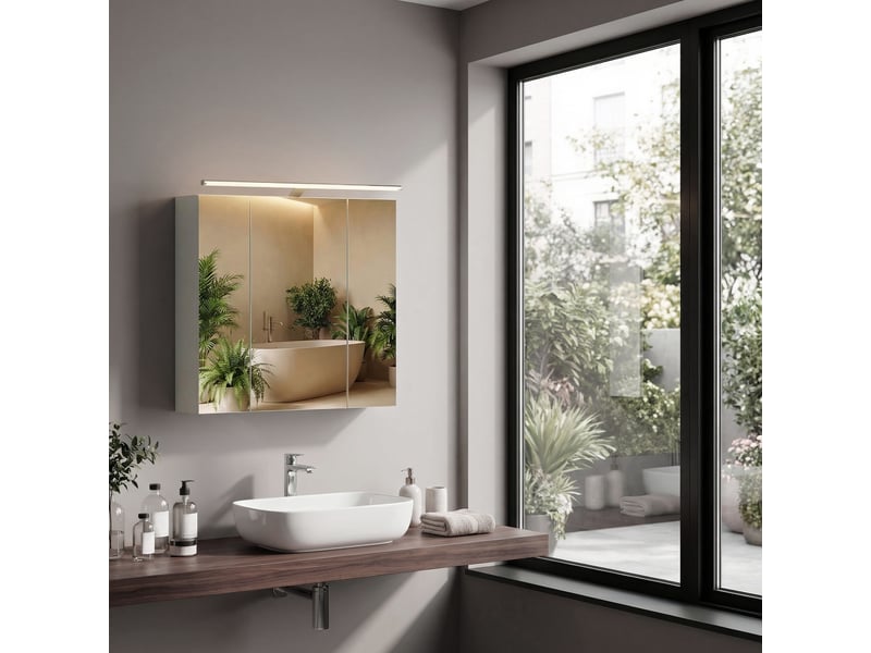 Armoire murale pour salle de bain, 3 portes miroir, avec éclairage, étagères ajustables, 15 x 60 x 55 cm, blanc - Conforama B