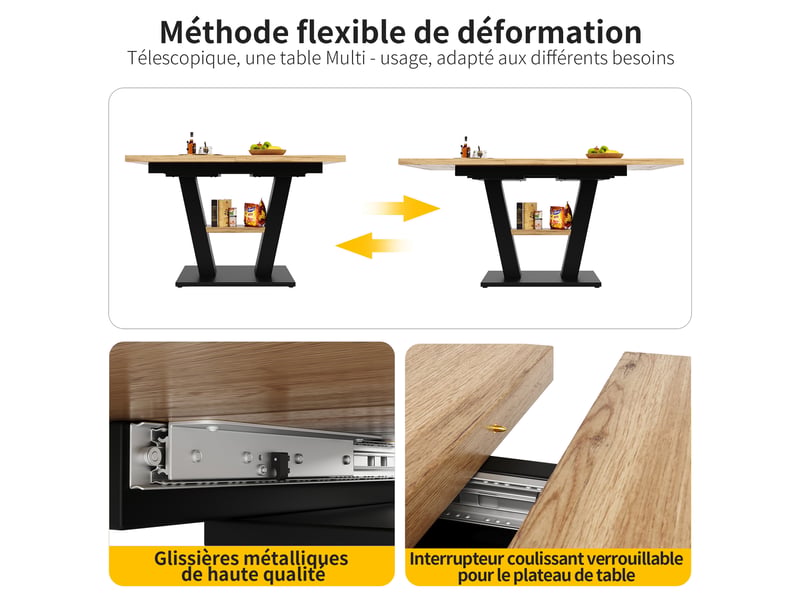 Table à manger extensible 118-157x70x75 cm, avec 1 étagère, table de cuisine-salon, mdf, noir et naturel - Conforama E
