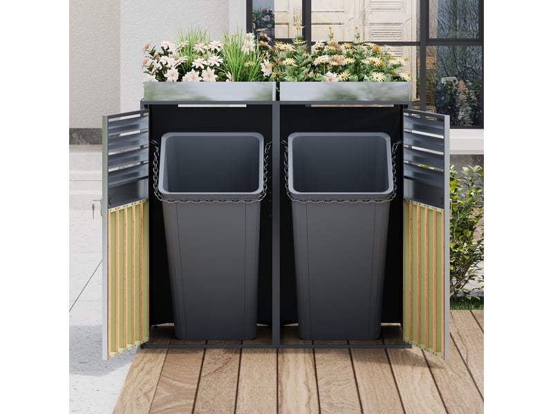  Placard à poubelles avec jardinière - gris et bois - acier galvanisé - verrouillable 132x80x124.5cm - Conforama D