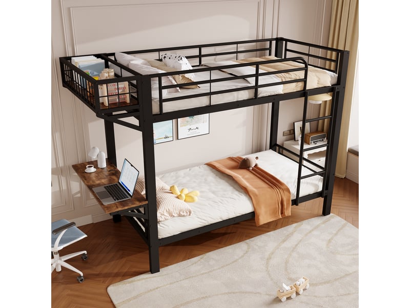  Lit superposé 90 x 200 cm avec bureau et rangement réversibles, métal noir et mdf, chambre enfant, sans matelas  - Conforama D