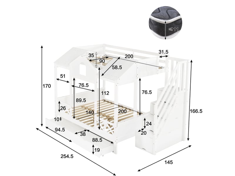  Lit superposé enfant 90x200 et 140x200 cm, lit cabane avec escalier de rangement et 2 tiroirs, en bois de pin et mdf, blanc  - Conforama E