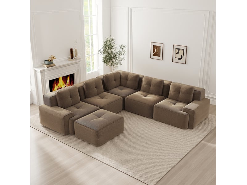  Canapé d'angle panoramique modulable modenvie 5 places en velours côtelé marron, convertible en canapé-lit, 295 x 104 x 69 cm  - Conforama B