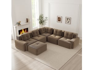 Canapé d'angle panoramique modulable modenvie 5 places en velours côtelé marron, convertible en canapé-lit, 295 x 104 x 69 cm