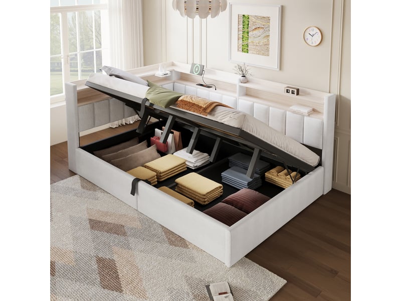  Lit coffre hydraulique 140x200 cm avec led, usb-a et usb-c et tête réversible, velours beige, sans matelas  - Conforama B