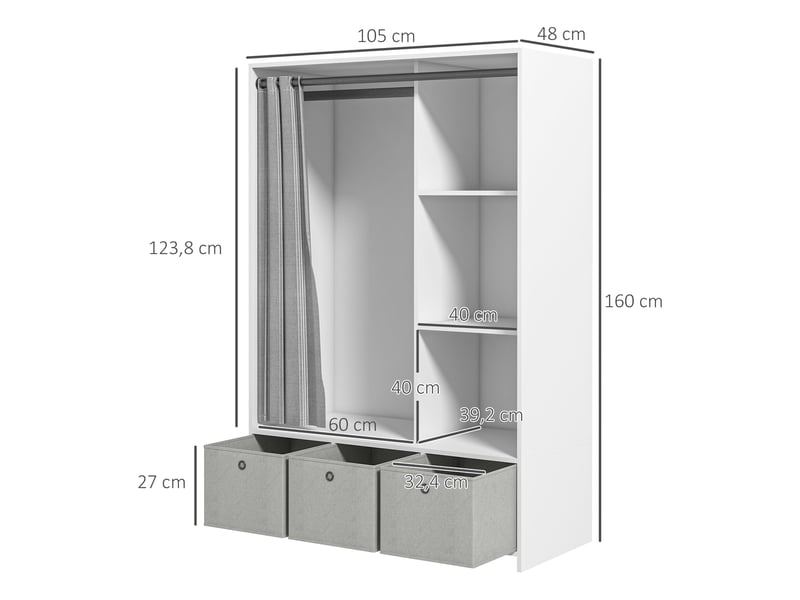  Armoire penderie avec tringle 3 tiroirs tissu et rideau blanc 105 x 48 x 160 cm  - Conforama C