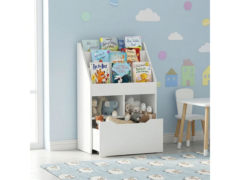  Bibliothèque enfant en bois avec 3 compartiments, 2 cubes et tiroir mobile à 4 roulettes, 60 x 29,9 x 90 cm, blanche  - Conforama C