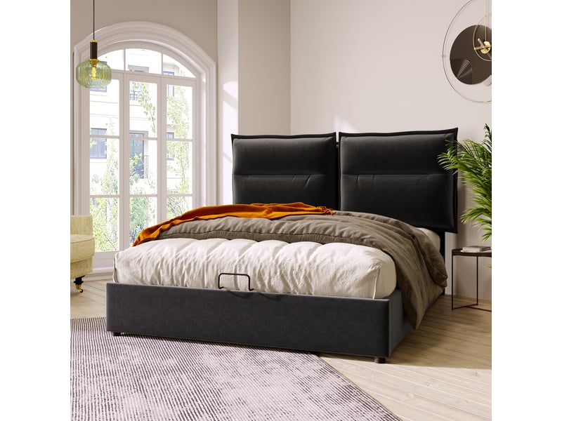Lit coffre 140x200 cm - lit coffre capitonné double avec tête de lit ajustable et coffre hydraulique, velours noir, matelas inclus - Conforama E