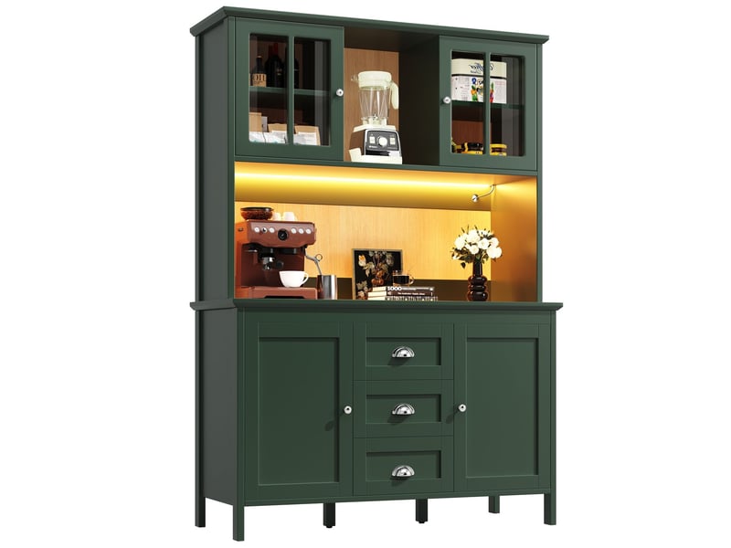  Buffet de cuisine 120 x 40 x 179 cm armoires hautes portes vitrées marron éclairage led coloris vert  - Conforama A