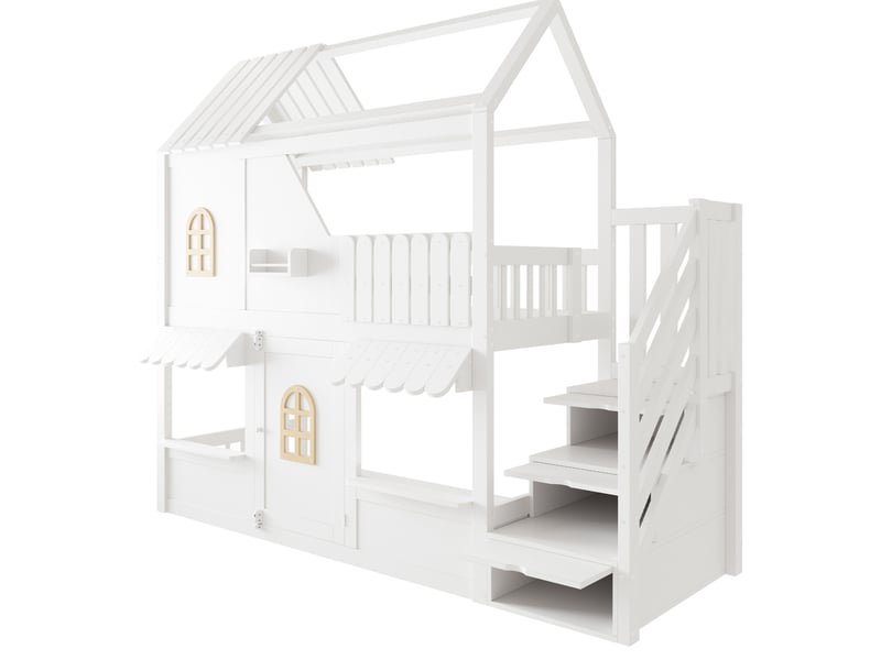 Lit superposé enfant 90 x 200 cm blanc en bois, design maison, escalier de rangement et éclairage led réglable  - Conforama D
