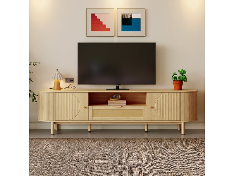  Meuble tv rotin avec plateau en bois arrondi, 175 cm, tiroirs de rangement et pieds en métal, style moderne pour salon  - Conforama B