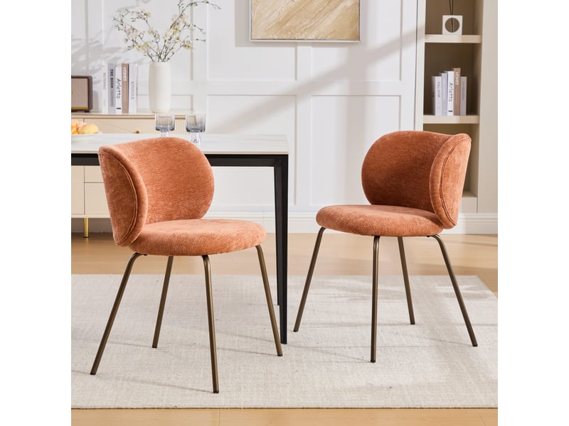  Chaises de salle à manger contemporaines en chenille, dossier incurvé confortable avec revêtement doux, pieds en métal bronze – sublimez votre cuisine avec confort et style modernes, lot de 2, couleur orange  - Conforama B