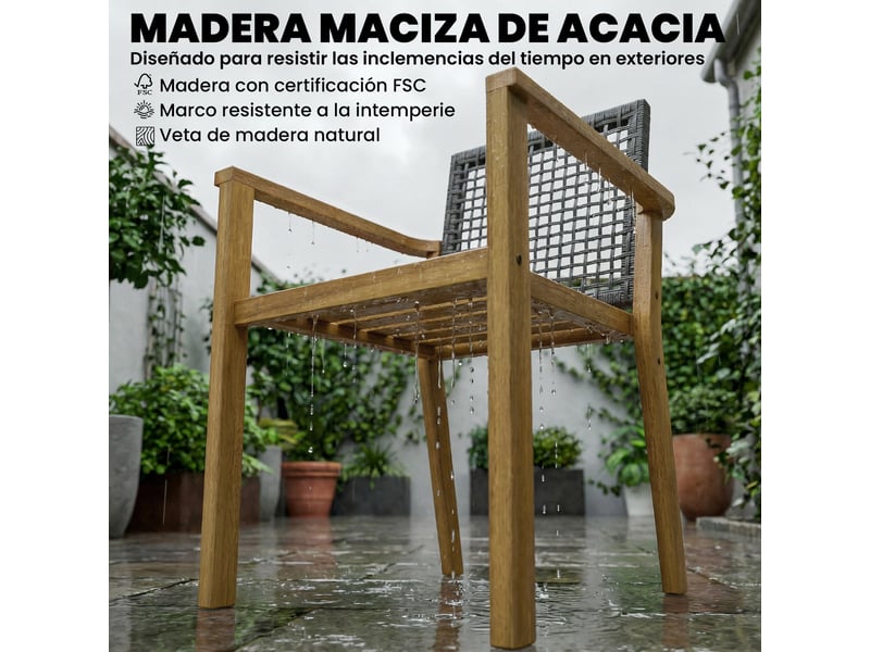  Ensemble de 2 chaises de jardin empilables en bois avec coussins, accoudoirs et dossier amovibles, 59 x 55 x 86 cm, naturel  - Conforama E